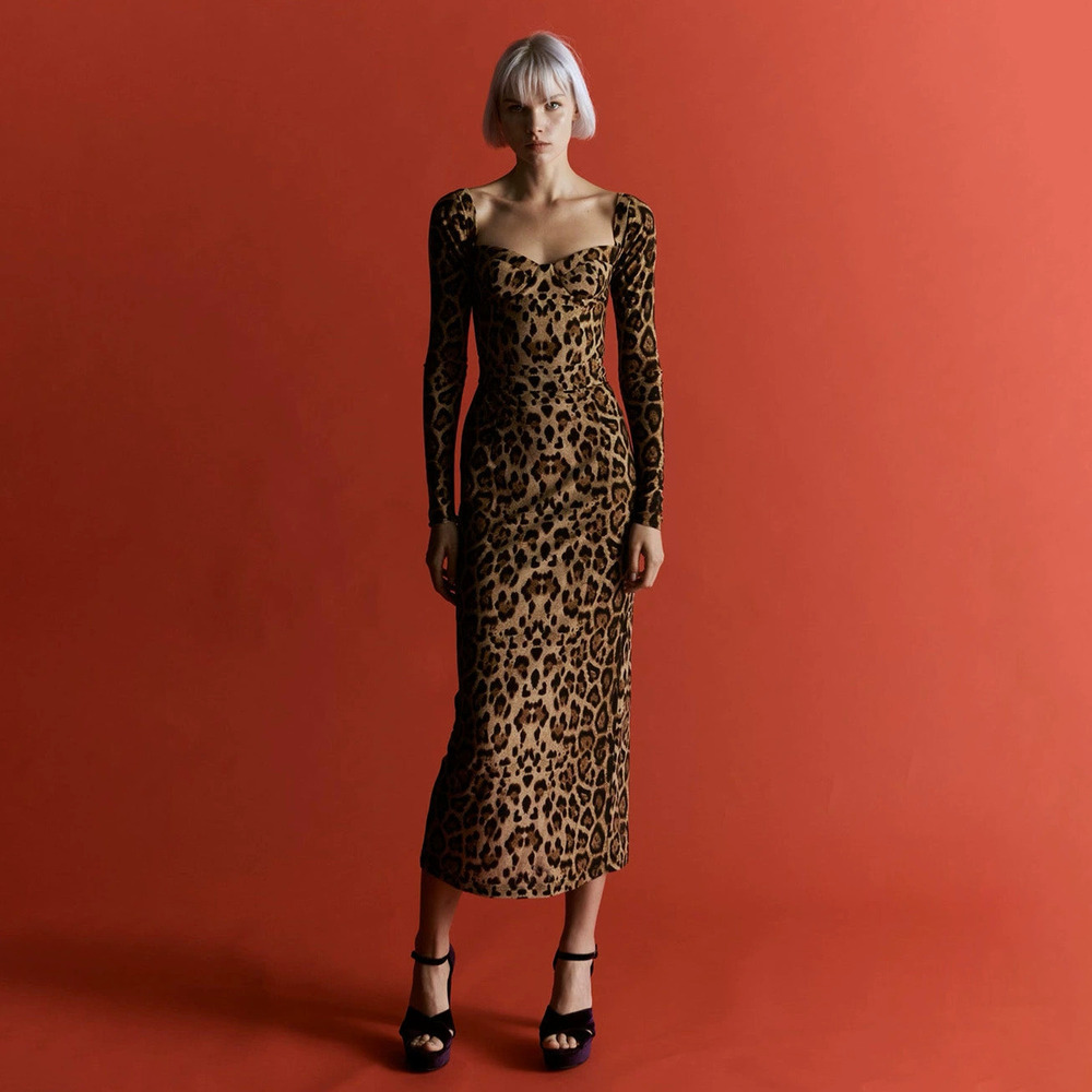 ZARA Sexy Leopard Print High Waist Long Sleeve Bodycon Party Dress